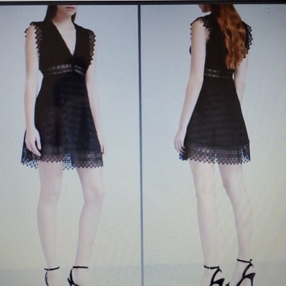 SANDRO PARIS BLACK LACE V-NECK GEOMETRIC MINI DRESS SIZE 2 FIT FLARE COCKTAIL - Picture 2 of 14